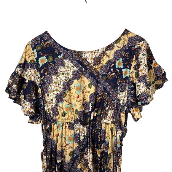 Abel The Label Boho Patchwork Maxi Dress Sz S Flutter Sleeve Wrap Look Rayon - Picture 12 of 16